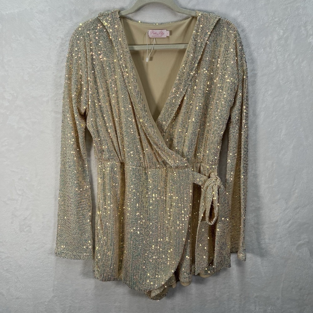 Pink Lily Sequin Romper Womens Large Champagne Long Sleeve‎ Glam Party Celebrate